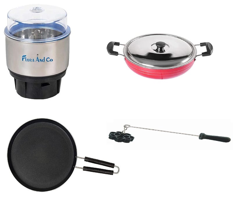 FLORA AND CO Non Stick Deep Kadhai with Stainless Steel Lid Aluminium Flat 3mm Tawa for Roti Chutney Mixer Jar 400ML with Rose Cookie Maker - Image 1