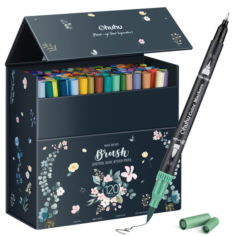 Ohuhu Markers for Adult Coloring Books No Bleeding 120 Colors Coloring Markers Water-based Dual Tips Fineliner & Brush Drawing Pens Art Pens for Kids Adults Sketch Journal - Maui - Black - Image 1