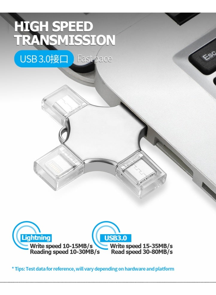 128GB USB Flash Drive, 128GB USB 3.0 High-Speed ​​4-in-1 Type-C OTG USB Portable Hard Drive, compatible with iPhone/PC/iPad/Android devices, for photo and video transfer, storage, and backup - Silver 128GB - Image 5