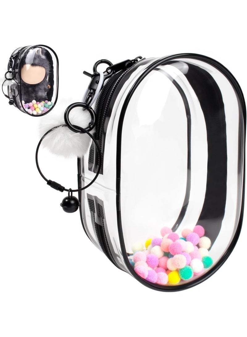 Clear Figure Display Bag with White Hairball Keychain, Portable Doll Storage Bag Hanging Blind Box Organizer Zipper Closure - Image 1