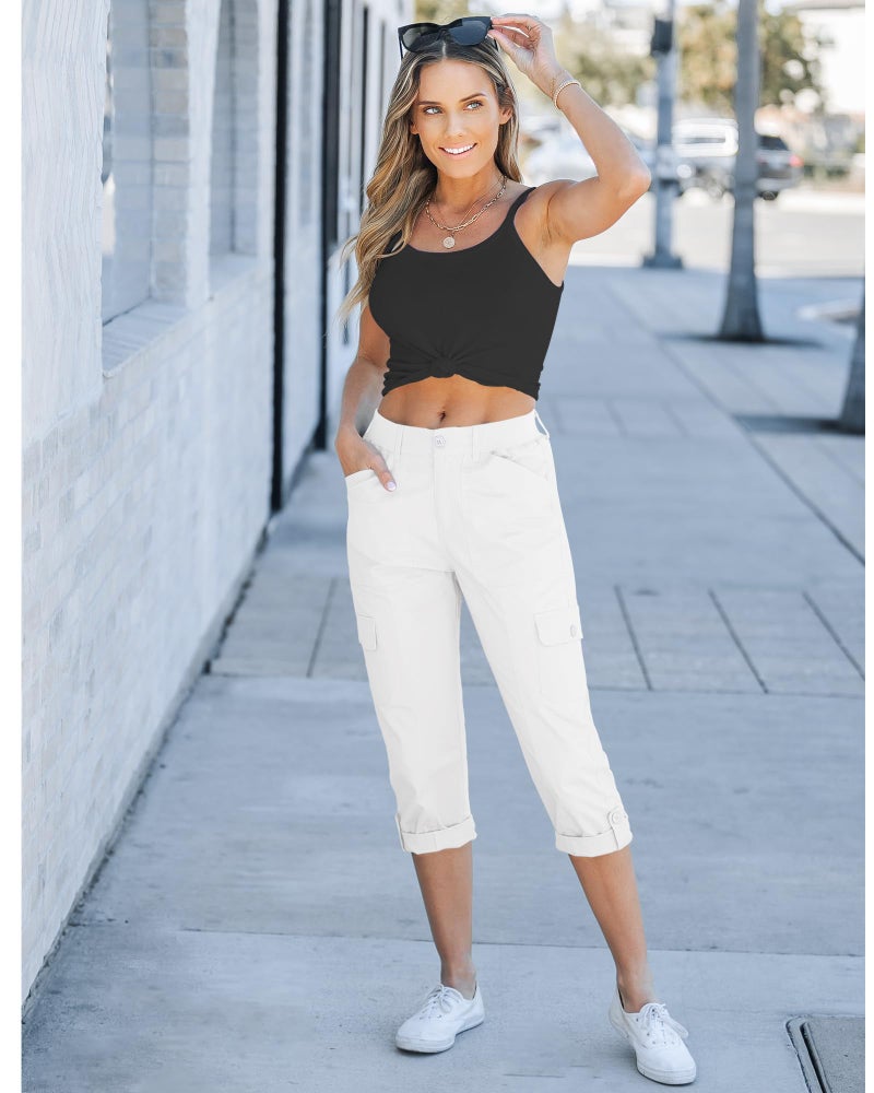 GRAPENT Summer Cargo Pants for Women - Lightweight Elastic Waist Capris in Off White, XXL & 22 - Image 5