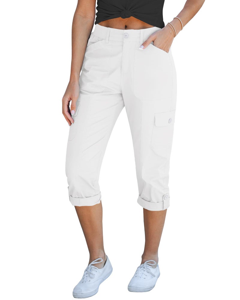 GRAPENT Summer Cargo Pants for Women - Lightweight Elastic Waist Capris in Off White, XXL & 22 - Image 1