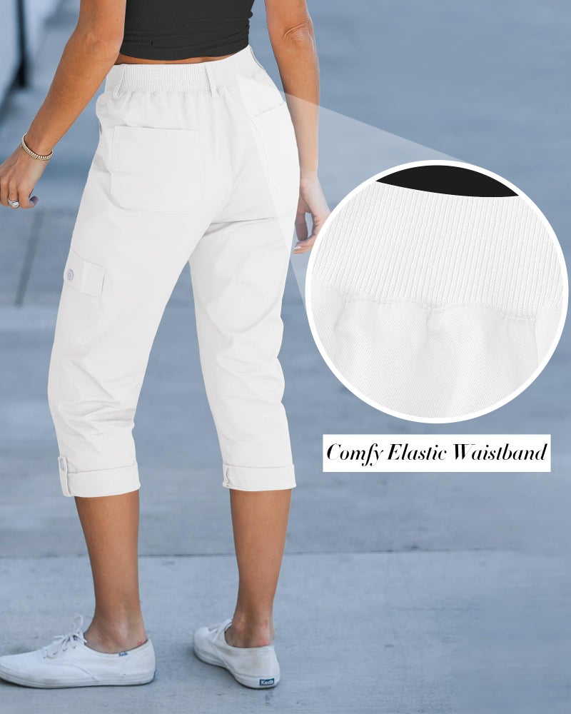 GRAPENT Summer Cargo Pants for Women - Lightweight Elastic Waist Capris in Off White, XXL & 22 - Image 4