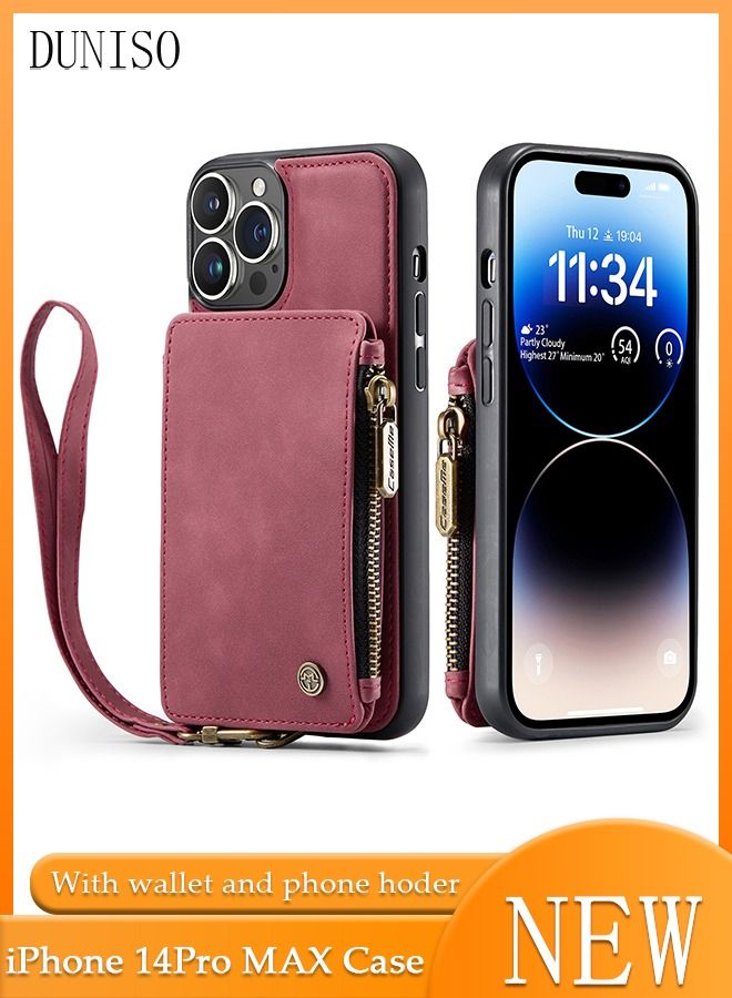 DUNISO iPhone 14 Pro Max 6.7" Leather Wallet Case Credit Card Holder Protective Cover with Hand Starp Anti-fall Anti-fingerprint Phone Cover for Apple 14 Pro Max 5G Phone Case  - Image 1