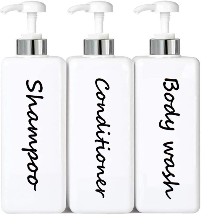 21OZ SHAMPOO AND CONDITIONER DISPENSER SET OF 3 MODERN REFILLABLE SHAMPOO PUMP BOTTLES FOR SHOWER SOAP EMPTY SHAMPOO CONDITIONER BODY WASH DISPENSER SET STYLISH PERMANENT LABELS FOR BATHROOM