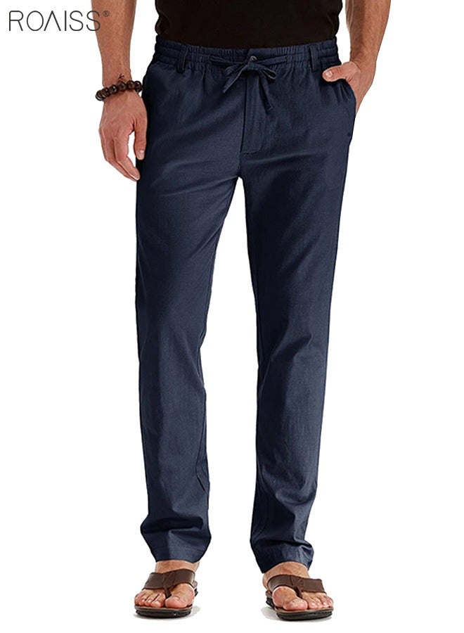 roaiss Men's Casual Solid Color Pants Cotton Versatile Business Trousers Mens Soft Comfortable Mid-Rise Straight Long Pants Loose Lace-Up Drawstring Waist Elastic Design Navy  - Image 2