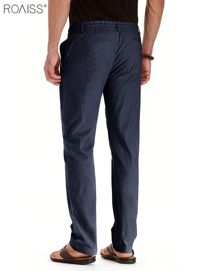roaiss Men's Casual Solid Color Pants Cotton Versatile Business Trousers Mens Soft Comfortable Mid-Rise Straight Long Pants Loose Lace-Up Drawstring Waist Elastic Design Navy  - Image 3