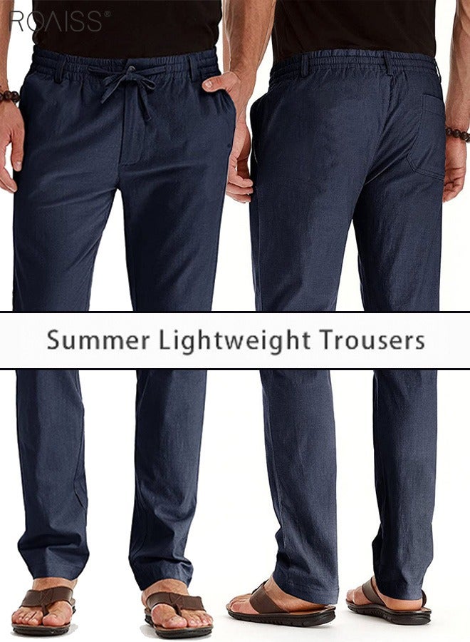 roaiss Men's Casual Solid Color Pants Cotton Versatile Business Trousers Mens Soft Comfortable Mid-Rise Straight Long Pants Loose Lace-Up Drawstring Waist Elastic Design Navy  - Image 1