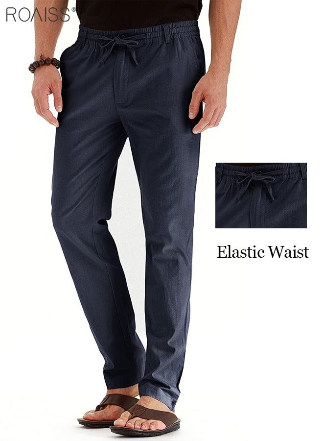 roaiss Men's Casual Solid Color Pants Cotton Versatile Business Trousers Mens Soft Comfortable Mid-Rise Straight Long Pants Loose Lace-Up Drawstring Waist Elastic Design Navy  - Image 4