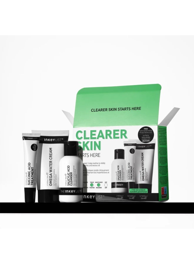 The INKEY List Clearer Skin Routine Set | Salicylic Acid Cleanser 60ml + Omega Water Cream 50ml + Succinic Acid Treatment 15ml + 12 Hydrocolloid Pimple Patches | Acne & Blemish Care Kit - Image 1