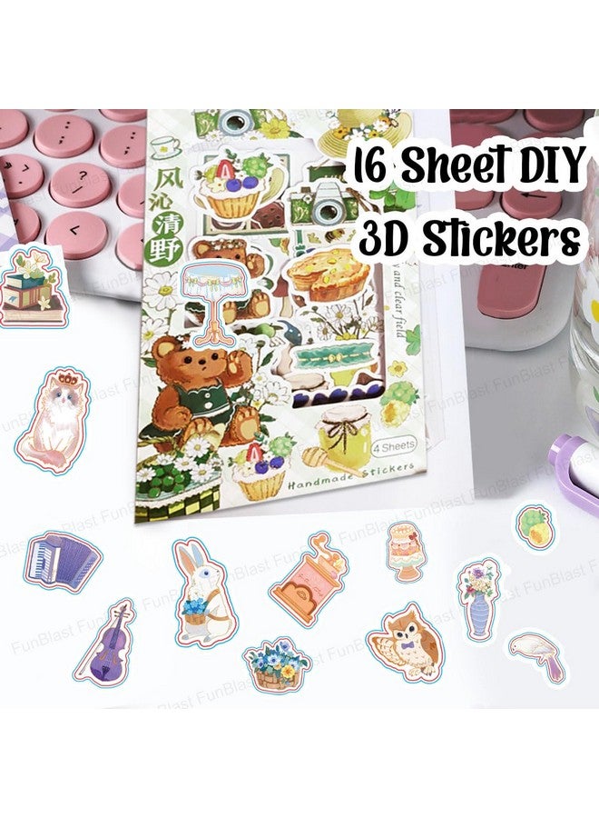 FunBlast Pvc Kawaii Stickers Set 16 Sheet (100+ Pcs) Diy 3D For Girls, Aesthetic Sticker, Journaling, Scrapbooking, Cute (Cute Animals 4X4=16 Sheetsself-Adhesive, Wall, 10 Cms) - Image 4