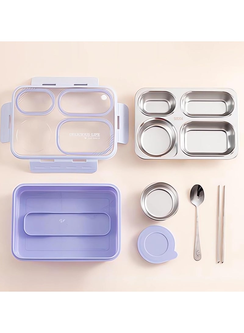 AUTOYSUR Lunch Box with Soup Bowl,850ml Stainless Steel Leak-proof Lunch Box,Compartments Food Container With Spoon And Chopsticks,Bento Box For Kids And Adults-Food Safe Materials (Purple)  - Image 2