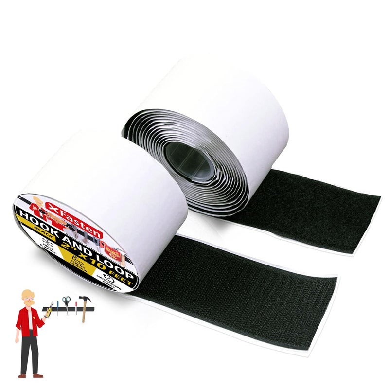 XFasten Hook and Loop Tape Black 2in x 10Ft Industrial Strips with Adhesive Heavy Duty IndoorOutdoor Hook and Loop Roll No Sew Sticky Strips