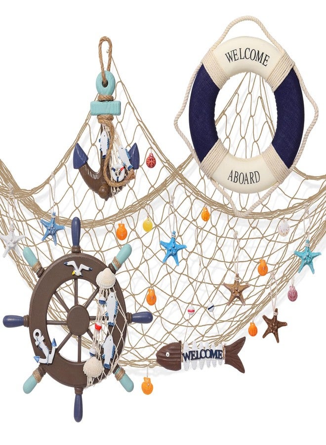 Marsui 11 Pcs Wooden Nautical Wall Decor Fishing Net Decoration, Include Decorative Fishing Net, Ship wheel, Fish Skeleton, Life Ring, Anchor, Starfish Beach Decor for Mediterranean Party (Brown) - Image 1