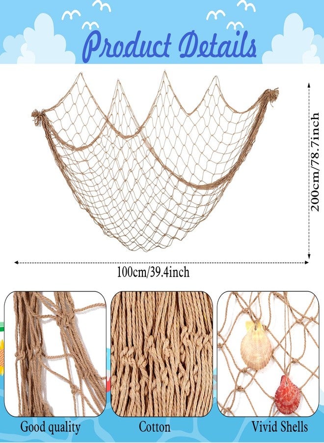 Marsui 11 Pcs Wooden Nautical Wall Decor Fishing Net Decoration, Include Decorative Fishing Net, Ship wheel, Fish Skeleton, Life Ring, Anchor, Starfish Beach Decor for Mediterranean Party (Brown) - Image 2