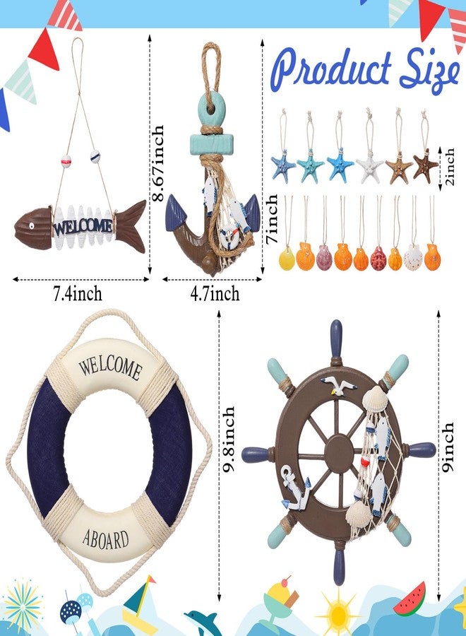 Marsui 11 Pcs Wooden Nautical Wall Decor Fishing Net Decoration, Include Decorative Fishing Net, Ship wheel, Fish Skeleton, Life Ring, Anchor, Starfish Beach Decor for Mediterranean Party (Brown) - Image 3