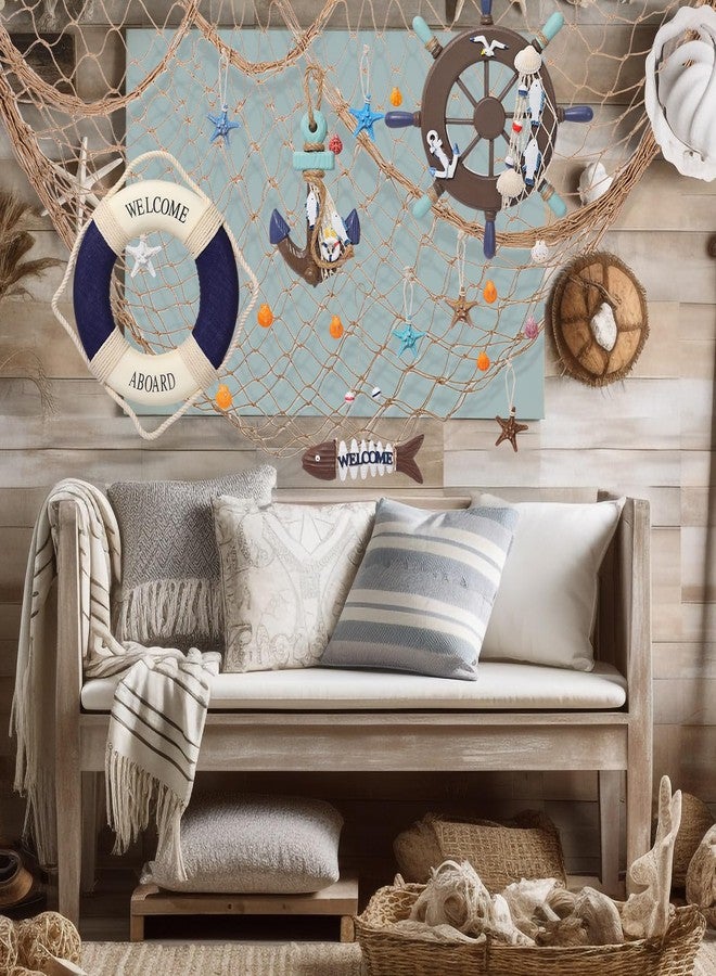 Marsui 11 Pcs Wooden Nautical Wall Decor Fishing Net Decoration, Include Decorative Fishing Net, Ship wheel, Fish Skeleton, Life Ring, Anchor, Starfish Beach Decor for Mediterranean Party (Brown) - Image 5