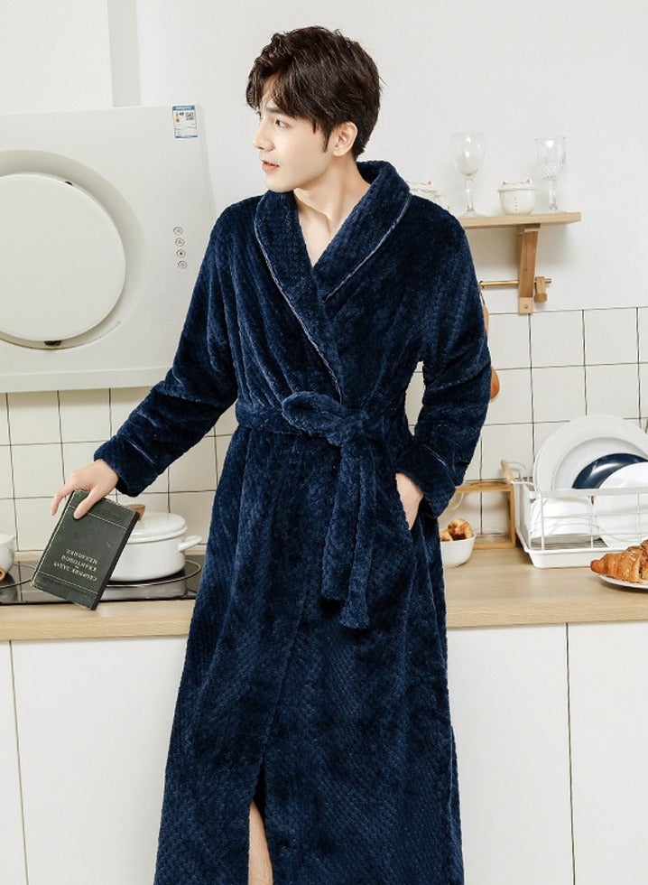 إسكدنيا جنس واحد الشتاء طويل سميكة اللباس الليلي اللباس المرجاني الصوف رداء حمام بيجاما البحرية الزرقاء - Image 2