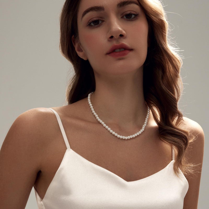 Zeffy Pearl Necklace for Women, 6MM Dainty Round Imitation Pearl Choker Necklace Wedding Delicate Jewelry for Women Simple Bridesmaid Jewelry Gifts (16"+2") - Image 5
