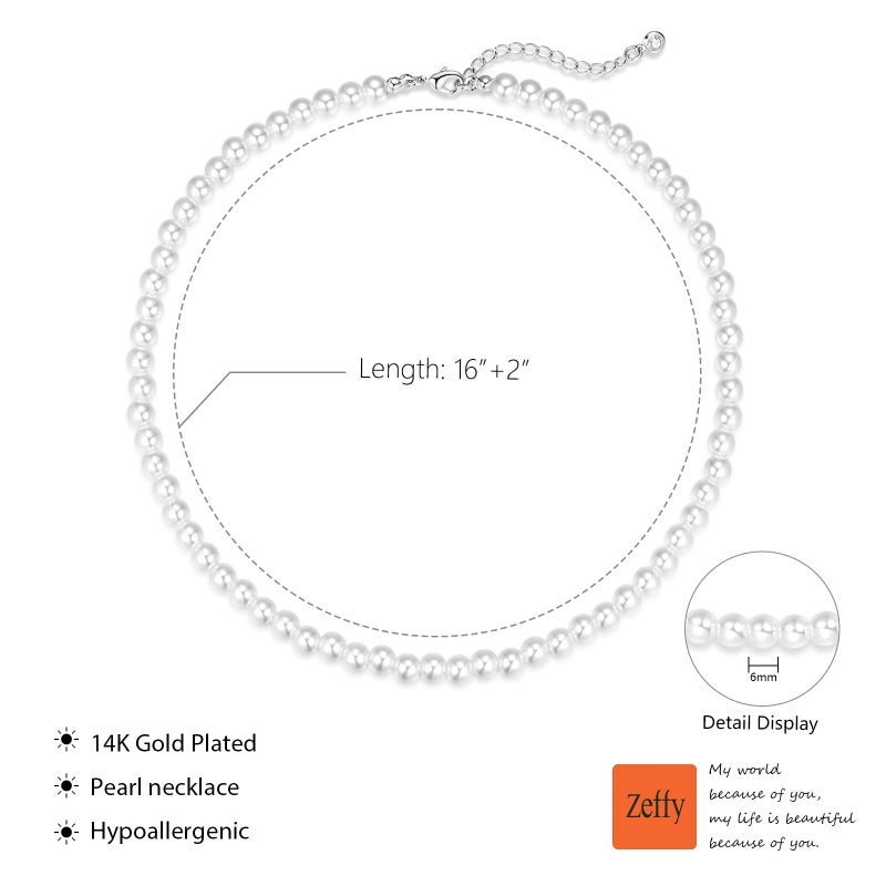 Zeffy Pearl Necklace for Women, 6MM Dainty Round Imitation Pearl Choker Necklace Wedding Delicate Jewelry for Women Simple Bridesmaid Jewelry Gifts (16"+2") - Image 2