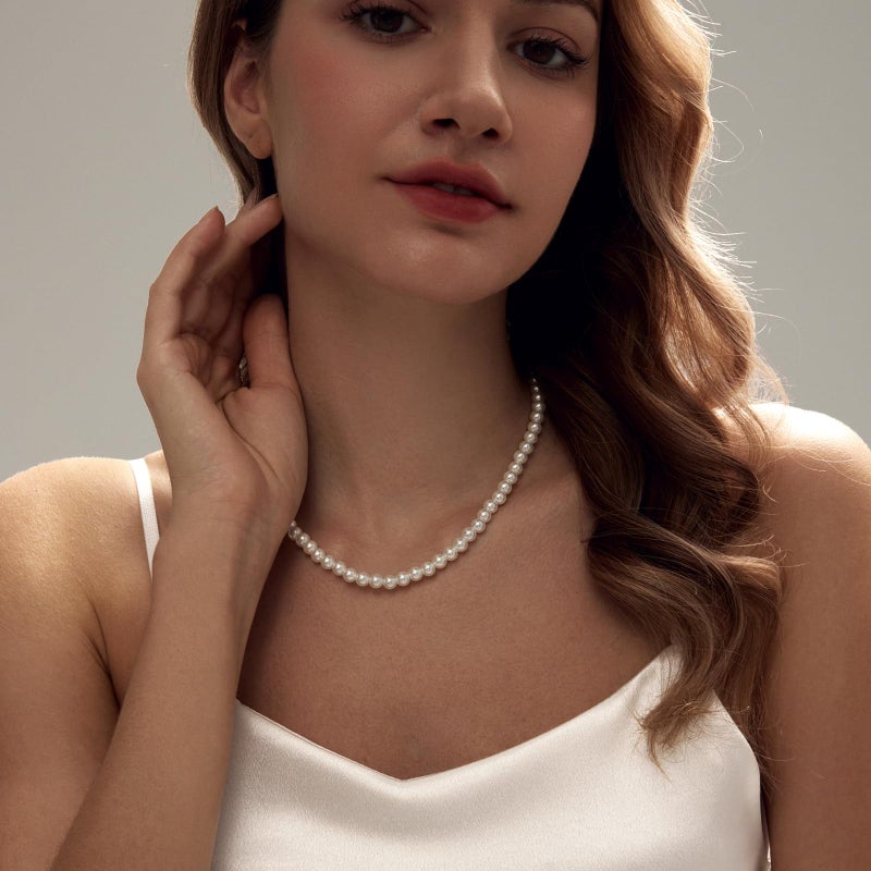 Zeffy Pearl Necklace for Women, 6MM Dainty Round Imitation Pearl Choker Necklace Wedding Delicate Jewelry for Women Simple Bridesmaid Jewelry Gifts (16"+2") - Image 4