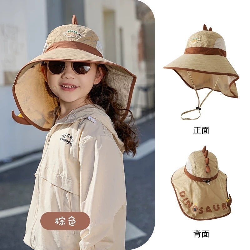 Kids' Sun Protection Hat with Dinosaur Design - Breathable Summer Beach Cap for Boys and Girls