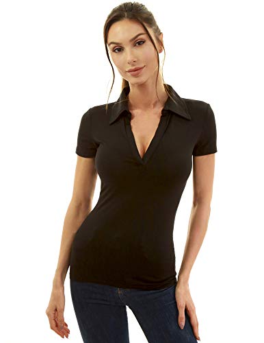 AmélieBoutik Women Collared V Neck Short Sleeve Polo Shirt(Black Large) - Image 3
