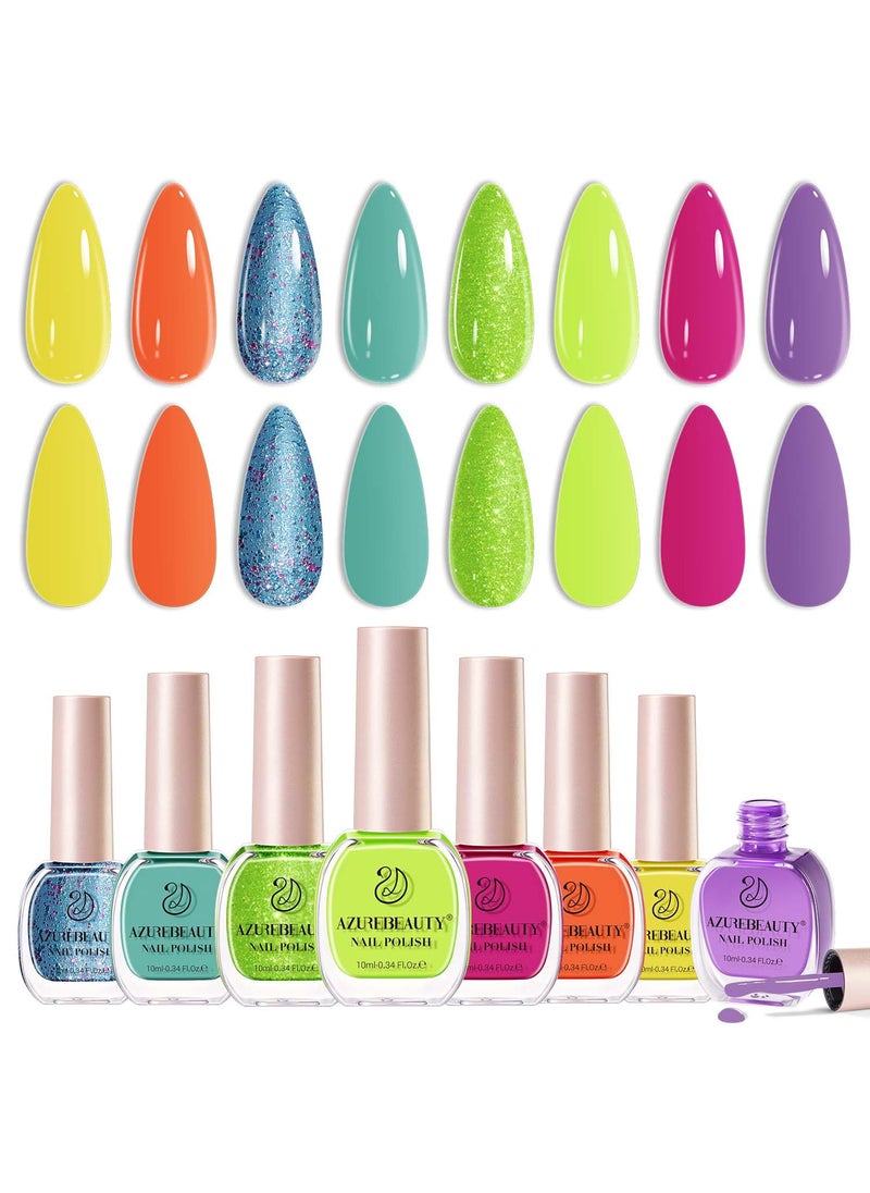 AZUREBEAUTY - AZUREBEAUTY 8 Colors Hot Pink Neon Blue Green Glitter Purple Yellow Orange Nail Polish Set, Quick-Dry Vegan, Perfect for Women Manicure Nail Art DIY Salon - Image 1