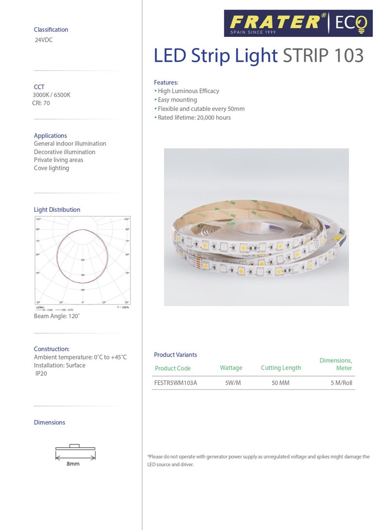 شريط إضاءة LED Frater 24VDC 5W 3000K
