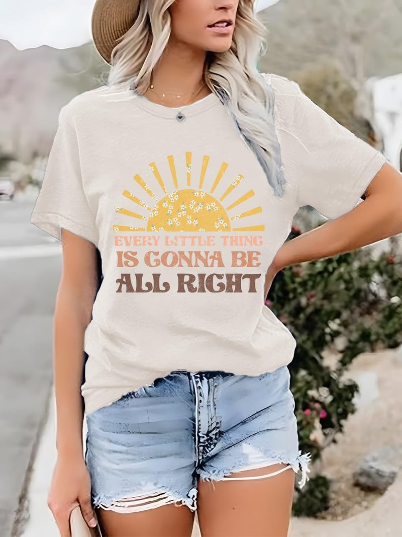 LINDOCITA Every Little Thing is Gonna Be All Right Shirt Womens Summer Sunshine Graphic Tees Beige L - Image 2