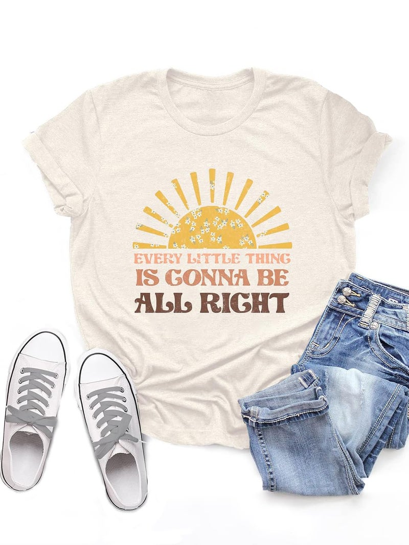 LINDOCITA Every Little Thing is Gonna Be All Right Shirt Womens Summer Sunshine Graphic Tees Beige L - Image 1