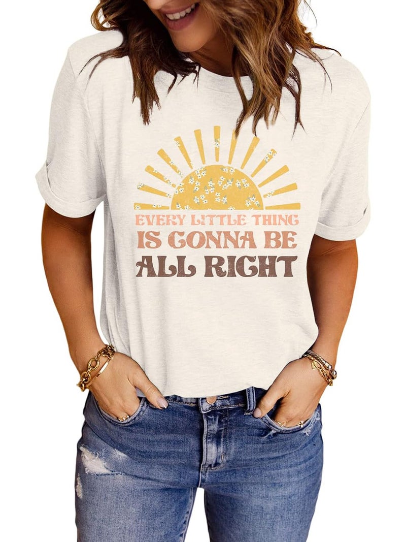 LINDOCITA Every Little Thing is Gonna Be All Right Shirt Womens Summer Sunshine Graphic Tees Beige L - Image 4