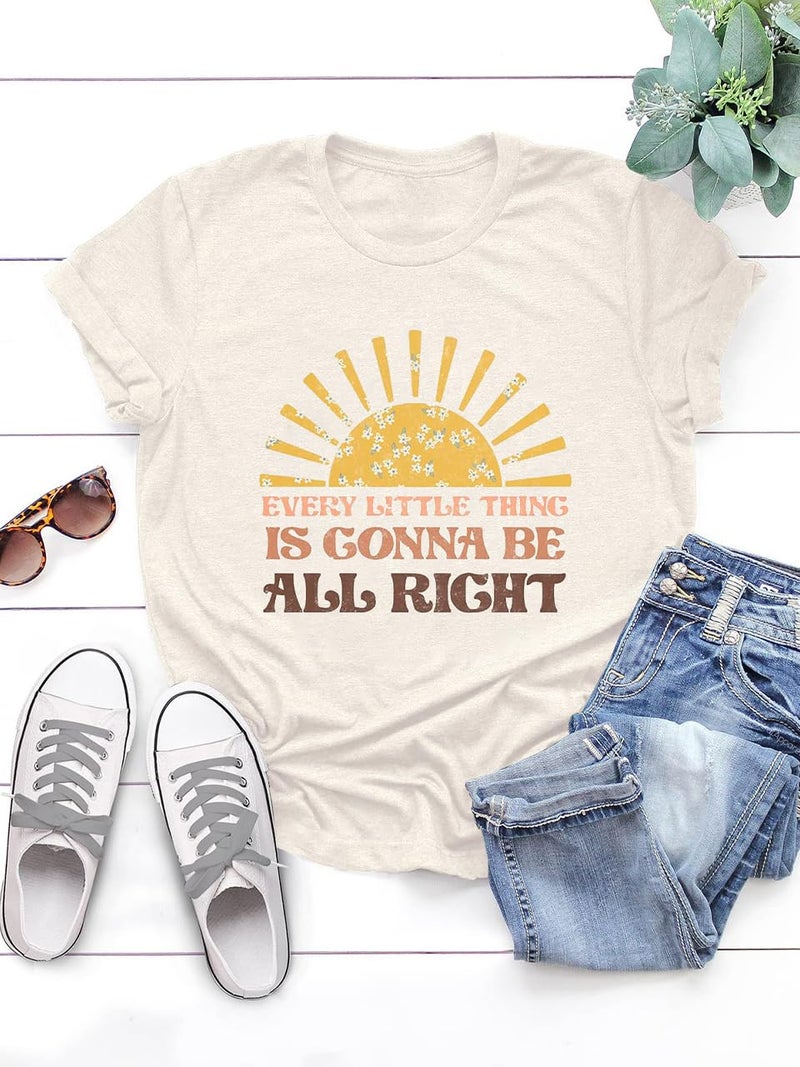 LINDOCITA Every Little Thing is Gonna Be All Right Shirt Womens Summer Sunshine Graphic Tees Beige L - Image 3