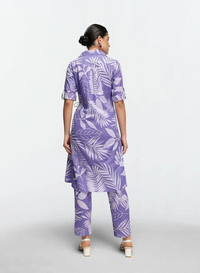 ISHIN Women's Lilac Cotton Printed Shrug Upper Calf Length Pleat Front Bottom Straight Fit Co-Ords Set