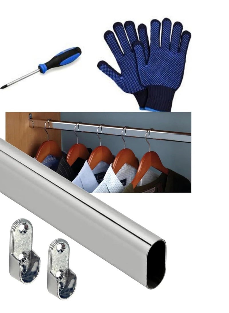ABBASALI 100cm Wardrobe Bar, Wardrobe Hanging Rod, Wardrobe Rod for Hanging Clothes, Oval Closet Rail Custom Cut To Size  End Support and Screws, Chrome Plated, Gloves & Screwdriver (2) - Image 1