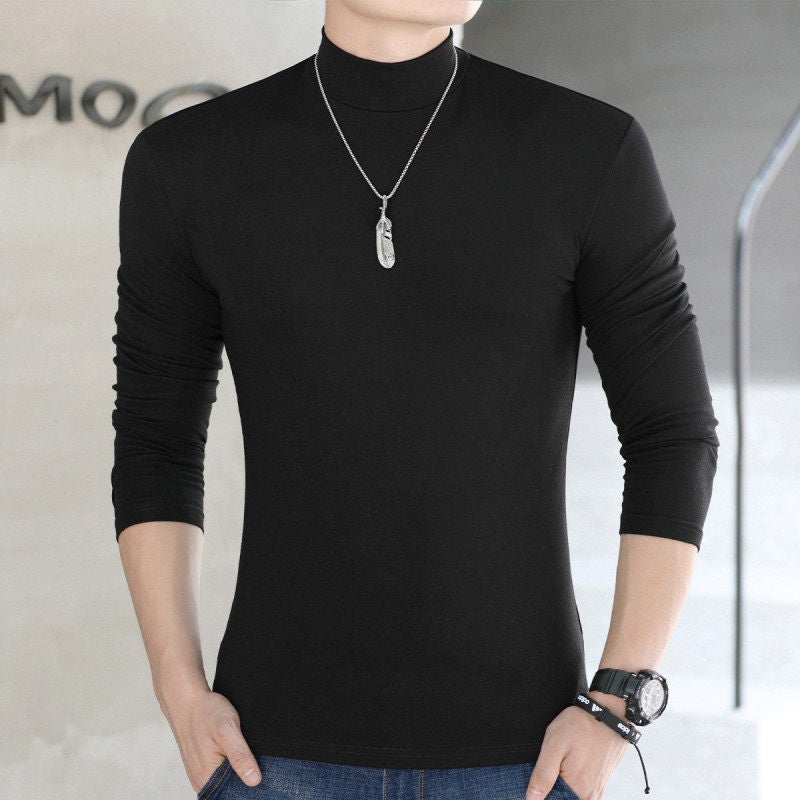 Modal half-turtleneck men's long-sleeved T-shirt thin New  slim-fit plus-size mid-collar undershirt plus-size autumn clothes trend - Image 1