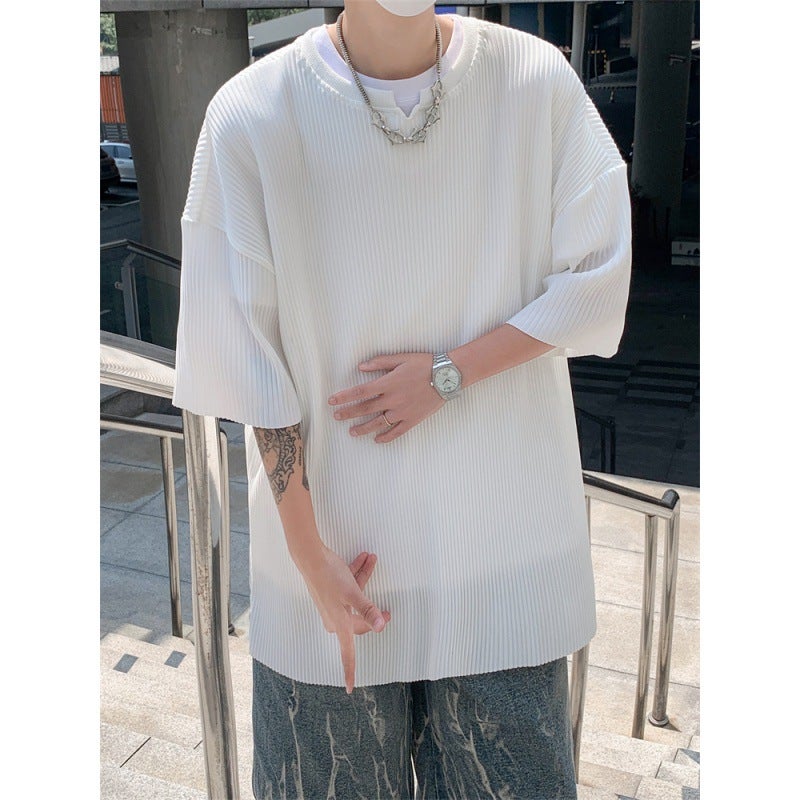 Summer V-Neck Pleated Loose Half-Sleeved T-Shirt Men'S Draped Shoulder Breathable Casual All-Match Sports Fitness Short-Sleeved Korean Style - Image 3