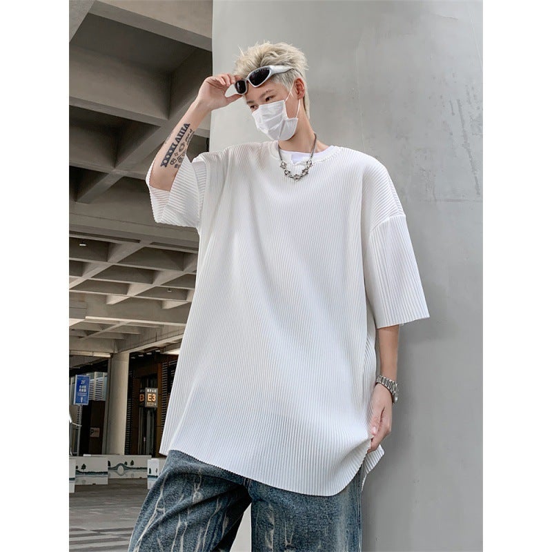 Summer V-Neck Pleated Loose Half-Sleeved T-Shirt Men'S Draped Shoulder Breathable Casual All-Match Sports Fitness Short-Sleeved Korean Style - Image 4