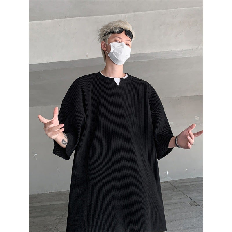 Summer V-Neck Pleated Loose Half-Sleeved T-Shirt Men'S Draped Shoulder Breathable Casual All-Match Sports Fitness Short-Sleeved Korean Style - Image 1