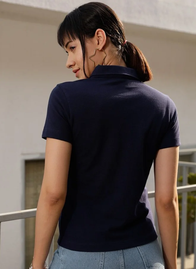 STREET 9 Navy Blue Polo Collar Cotton T-Shirt for Women