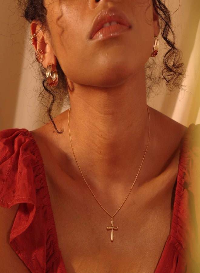 Fettero Cross Necklace Faith Pendant 14K Plated Dainty Chain Minimalist Simple Tiny God Lords Prayer Religious Jewelry, 1" * 0.6" (pendant), 20" (chain length), Metal, Cubic Zirconia - Image 2