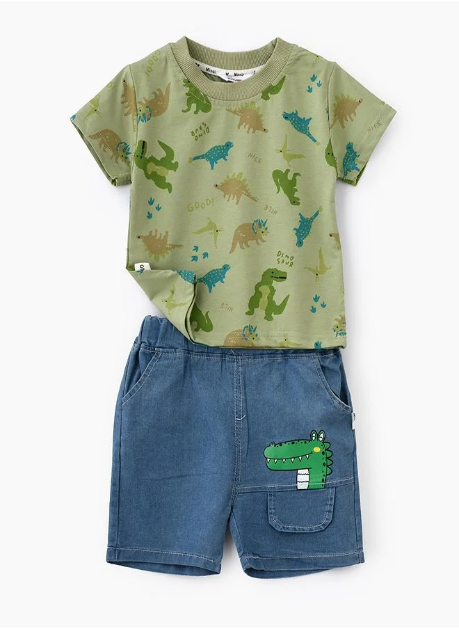 بيبي كلو Green Dino Print Tee & Denim Shorts Set