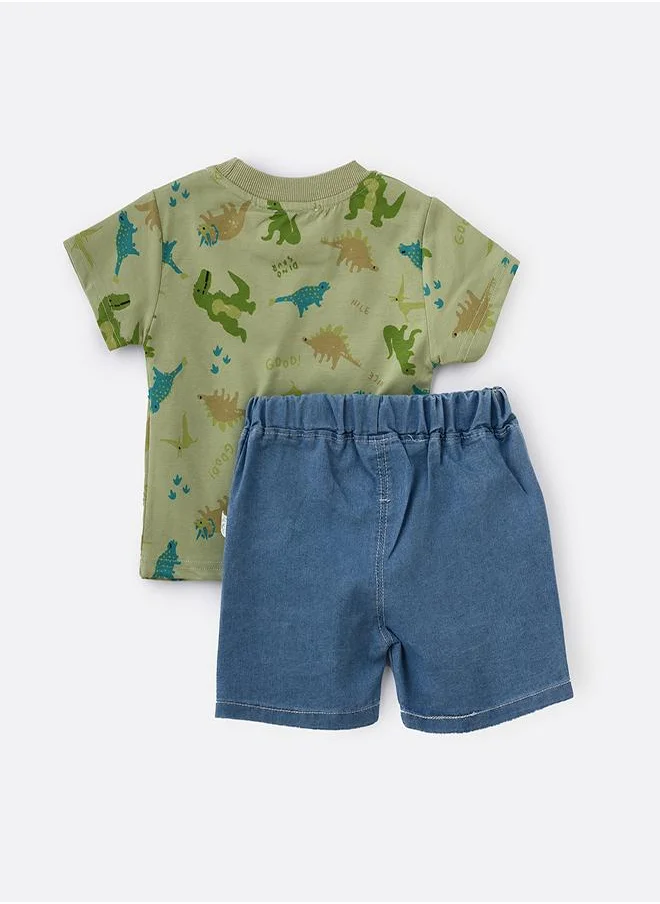 بيبي كلو Green Dino Print Tee & Denim Shorts Set
