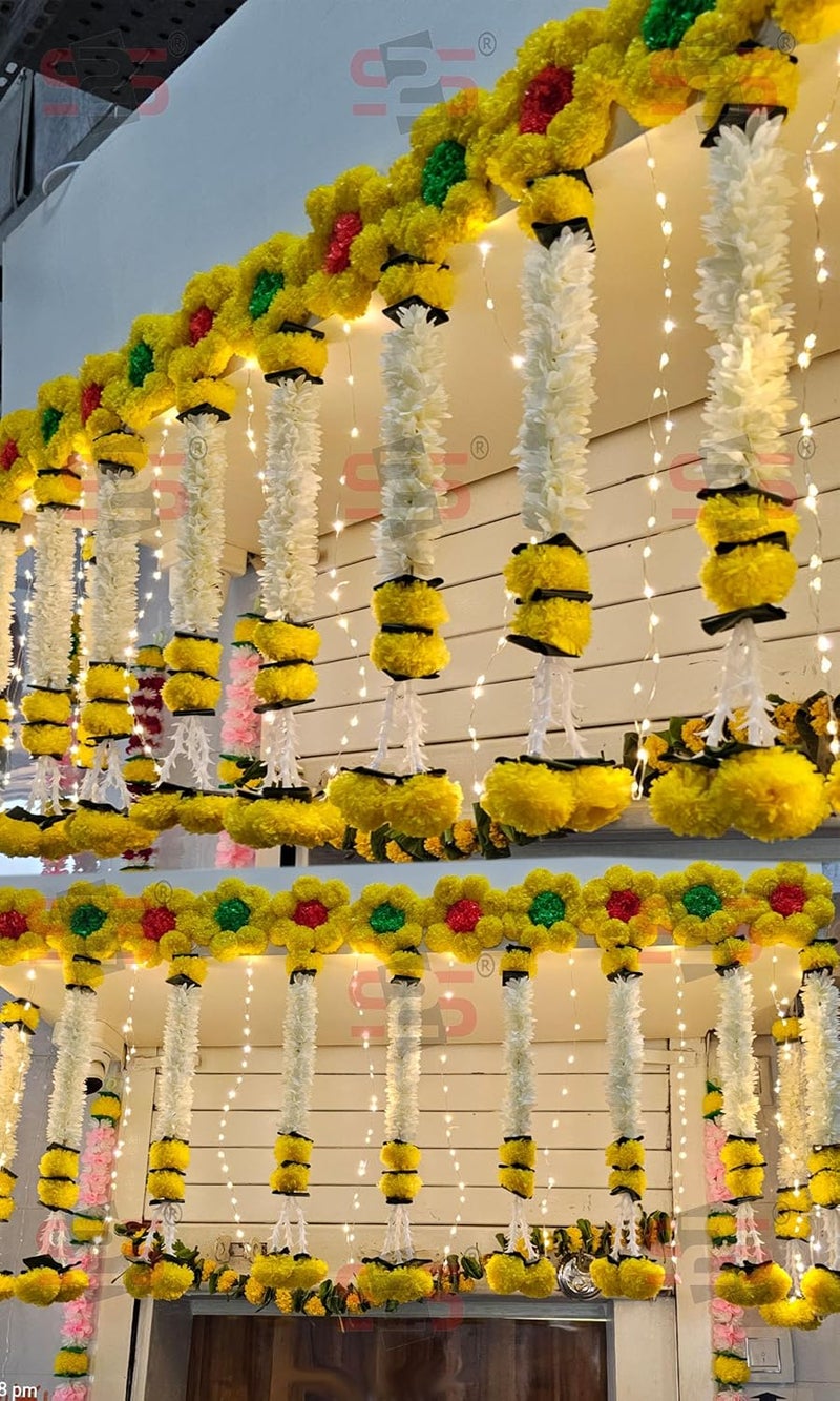 S2S خيوط زهور الياسمين والماريغولد البيضاء الاصطناعية البلاستيكية | خيوط زهور اصطناعية مصنوعة بشكل جميل | مثالية لعيد ديوالي، غانباتي، والبويا، وزينة المعابد، والمندير (عبوة من 5) - Image 2