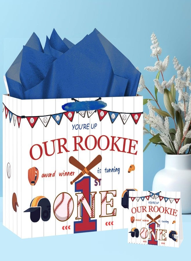GOLDCROW Large Baseball 1st Birthday Gift Bags with Tissue Paper and Card Rookie of The Year Theme for Boys Girls Baby Showers Sport Party Supplies - Image 3