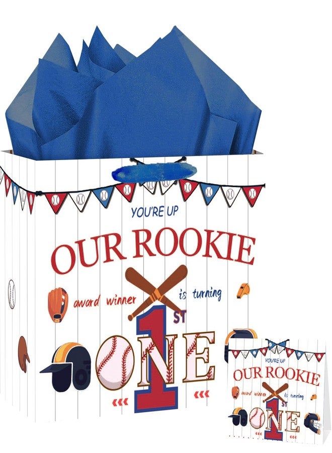 GOLDCROW Large Baseball 1st Birthday Gift Bags with Tissue Paper and Card Rookie of The Year Theme for Boys Girls Baby Showers Sport Party Supplies - Image 1