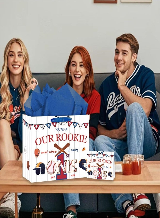 GOLDCROW Large Baseball 1st Birthday Gift Bags with Tissue Paper and Card Rookie of The Year Theme for Boys Girls Baby Showers Sport Party Supplies - Image 4