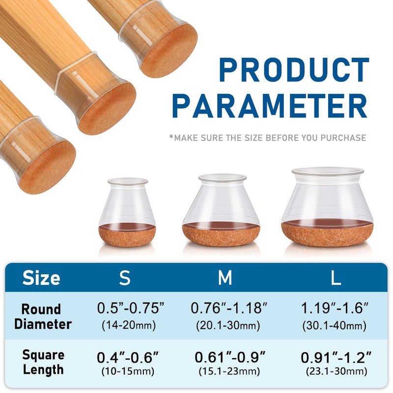 PISAO 24 Pcs Chair Leg Floor Protectors PISAO, Silicone Chair Leg Protectors Caps Covers for Hardwood Floors, Furniture Pads Sliders with Wrapped Felt Bottom Large (Fit:1.19"-1.6") - Image 4