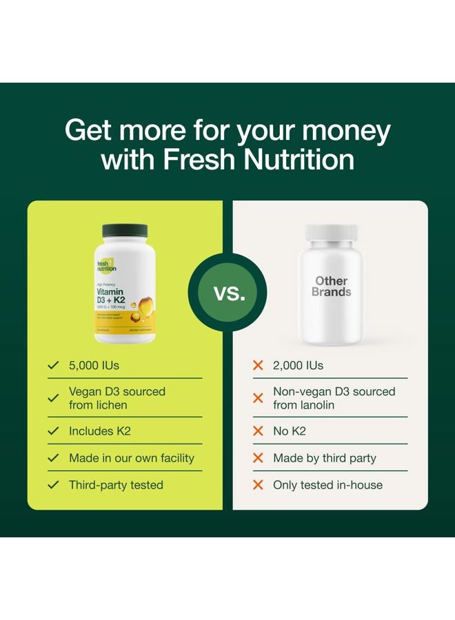 Fresh Nutrition Vegan Vitamin D3 + K2 Capsules - 5000 IU D3 + 100mcg K2 as MK-7 for Optimal Absorption - Immune Health, Bone Health, Mood - Non GMO - 90 Capsules, 3 Month Supply - Image 3