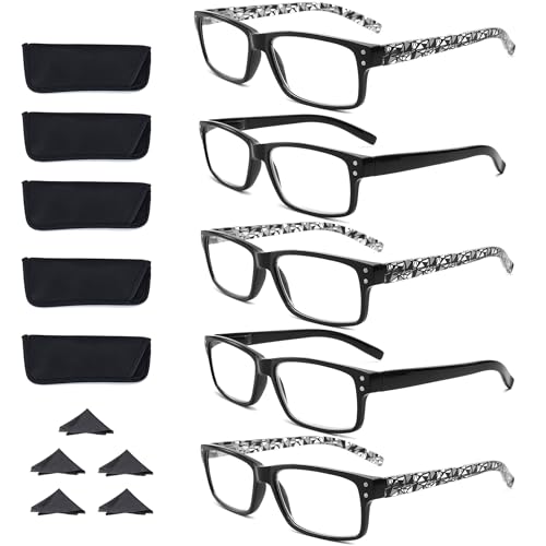 LANLANG 5-Pack Reading Glasses for Men women, Blue Light Blocking Readers, Spring Hinge, Black flower print, +2.0 diopters - Image 1